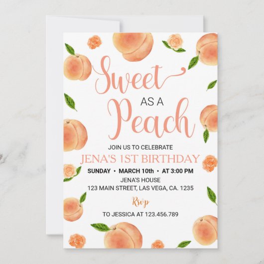 Zoet als een perzik bloemig 1e verjaardag uitnodig kaart (Voorkant)