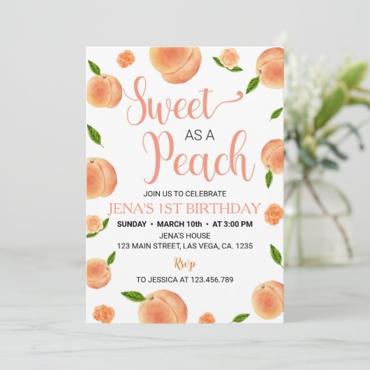 Zoet als een perzik bloemig 1e verjaardag uitnodig kaart (Staand voorkant)