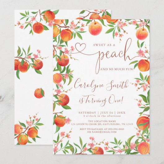 Zoet als een perzik eerste verjaardag uitnodiging (Voorkant / Achterkant)