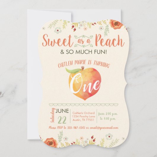 Zoet als een perzik eerste verjaardag uitnodiging (Voorkant)