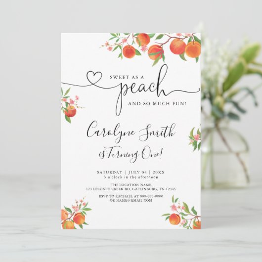Zoet als een perzik verjaardag uitnodiging (Staand voorkant)