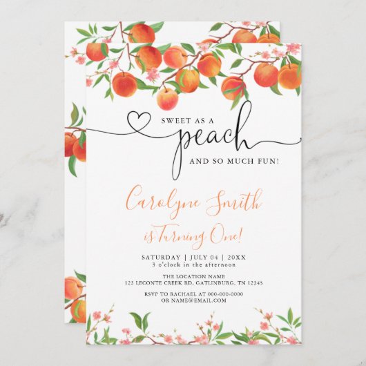 Zoet als een perzik verjaardagsfeestje uitnodiging (Voorkant / Achterkant)