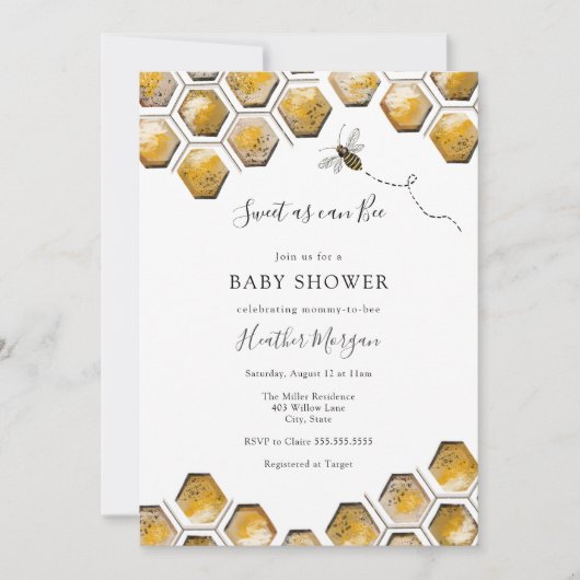 Zoet als kan Bee Honeycomb Baby shower Invitation Kaart (Voorkant)