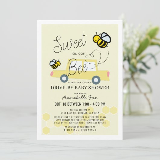 Zoet als kan Bee Lichtgeel Drive-by Baby shower Kaart (Staand voorkant)