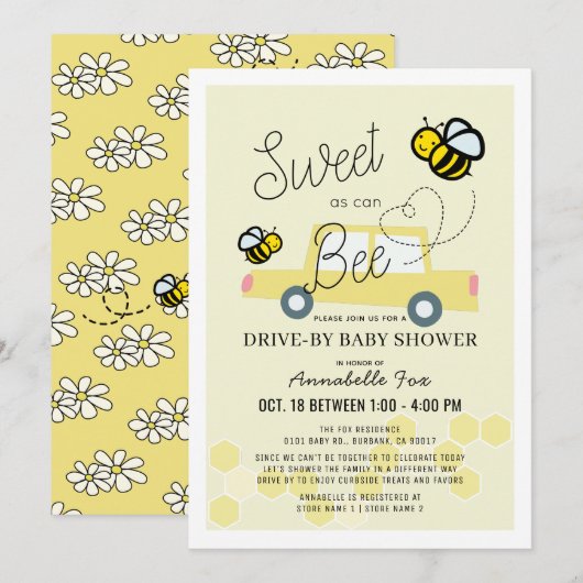 Zoet als kan Bee Lichtgeel Drive-by Baby shower Kaart (Voorkant / Achterkant)
