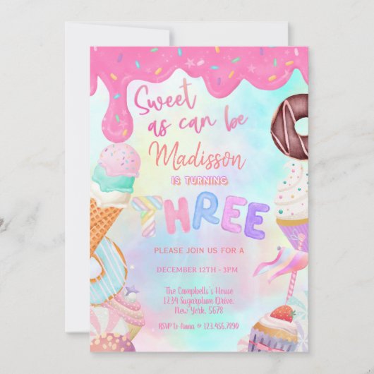 Zoet als kan zijn meisje 3e verjaardag uitnodiging (Voorkant)