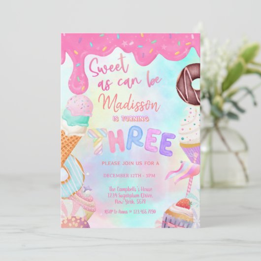 Zoet als kan zijn meisje 3e verjaardag uitnodiging (Staand voorkant)