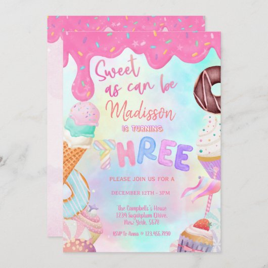 Zoet als kan zijn meisje 3e verjaardag uitnodiging (Voorkant / Achterkant)