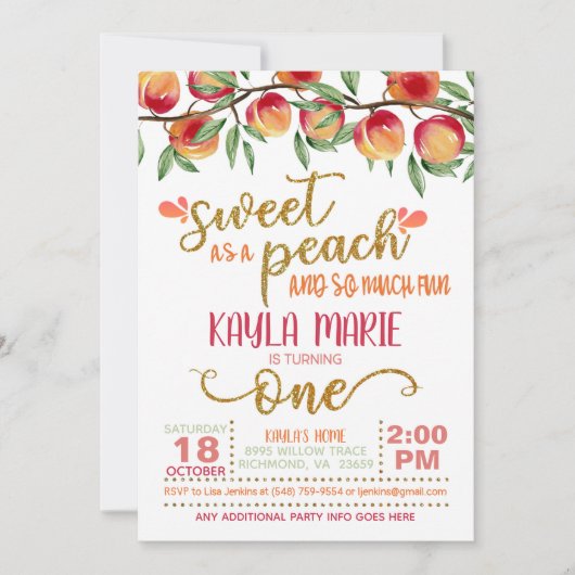 Zoet als Peach 1st Birthday Invitation - W ST Kaart (Voorkant)