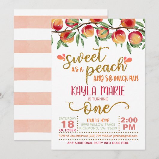 Zoet als Peach 1st Birthday Invitation - W ST Kaart (Voorkant / Achterkant)