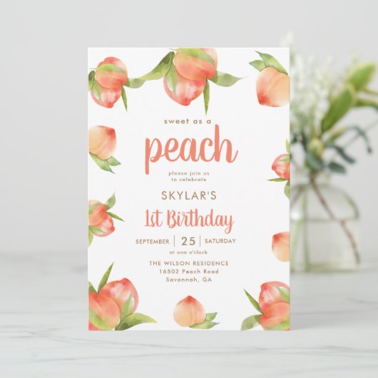 Zoet als Peach 1st Birthday Party Kaart (Staand voorkant)