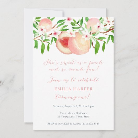 Zoet als Peach en zo leuk 1st Birthday Party Kaart (Voorkant)