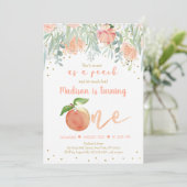 Zoet als peach Floral Gold First Birthday Kaart (Staand voorkant)