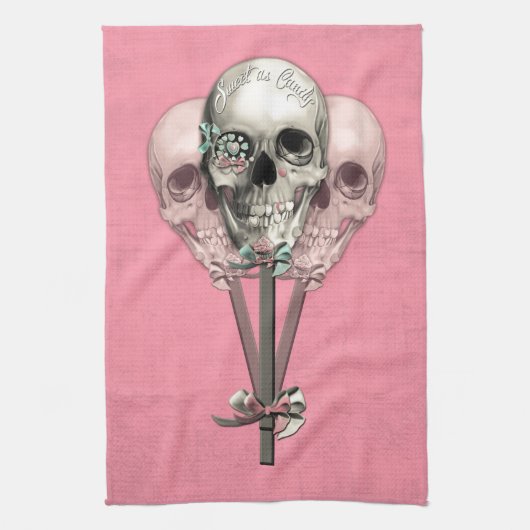 Zoet als Snoep Lollipopskulls in roze. Theedoek (Verticaal)