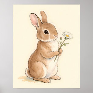Zoet Aquarel Konijn met Madeliefje Poster