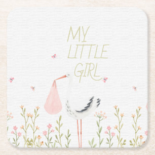 Zoet Aquarel Ooievaar - "Mijn Kleine Meisje" Baby Kartonnen Onderzetters