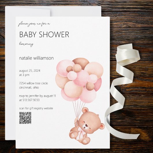 Zoet Beer met Ballons Baby shower QR Code Kaart