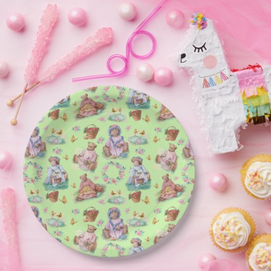 Zoet  Beer Tea Party Zacht Groen & Roze Papieren Bordje (Feest)