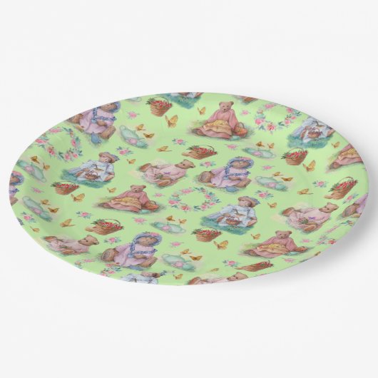 Zoet Beer Tea Party Zacht Groen & Roze Papieren Bordje (Gekanteld)