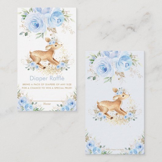 Zoet Blauw Bloemen Herten Baby shower Luier Raffle Informatiekaartje (Voorkant / Achterkant)