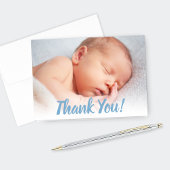 Zoet Blauw Script Baby Boy Foto Bedankkaart