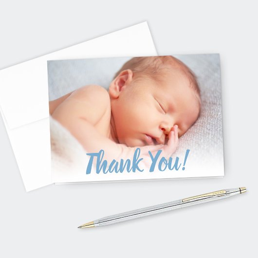 Zoet Blauw Script Baby Boy Foto Bedankkaart