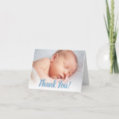 Zoet Blauw Script Baby Boy Foto Bedankkaart (Voorkant)