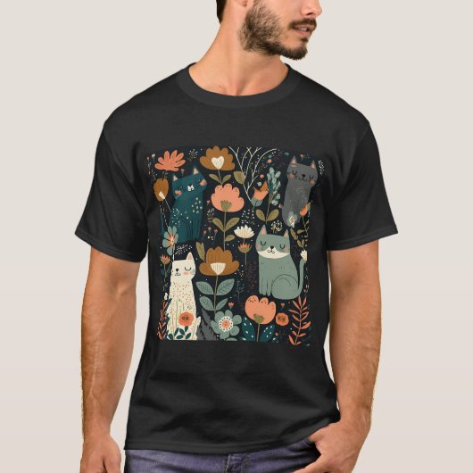Zoet Bloemen Kat Patroon T-shirt (Voorkant)
