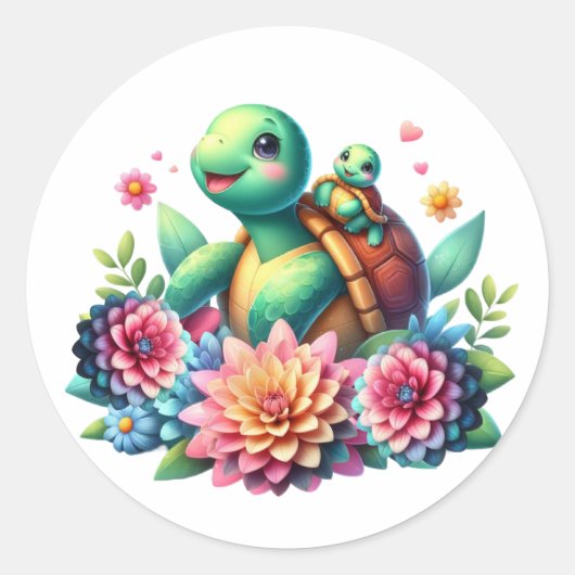 Zoet Bloemen Zee Schildpadden Ronde Sticker (Voorkant)