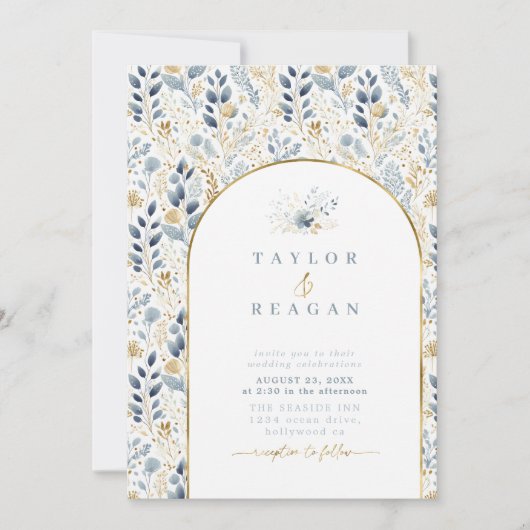 Zoet Bloemenpatroon Stoffig Blauw Goud ID1045 (Voorkant)