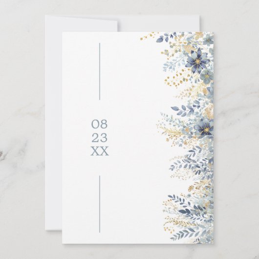 Zoet Bloemenpatroon Stoffig Blauw Goud ID1045 Save The Date (Achterkant)