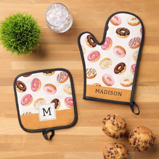 Zoet donut patroon ovenwant & pannenlap set (Top down)