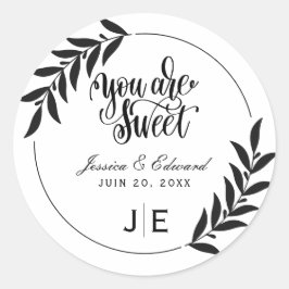 Zoet Elegant Blad Eenvoudig Zwart-Wit Monogram Ronde Sticker