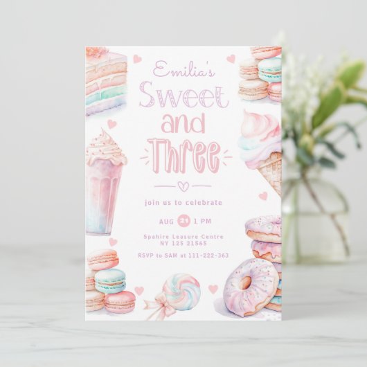 Zoet en Drie snoep snoepjes pastel 3e verjaardag Kaart (Staand voorkant)