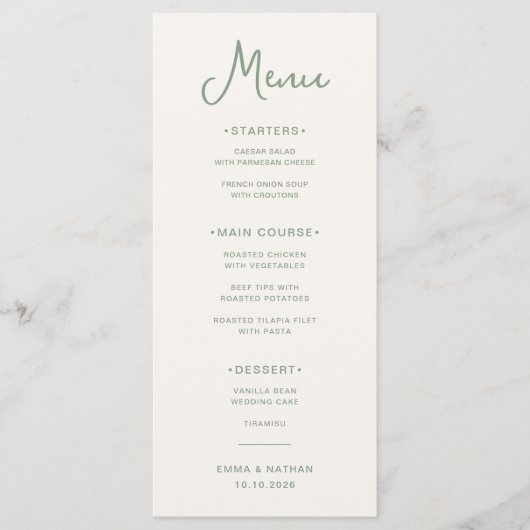 Zoet en grillig | Ivoor en Sage Groene Bruiloft Menu (Voorkant)