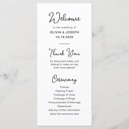 Zoet en grillig zwart en wit | Bruiloft Programmakaart (Voorkant)