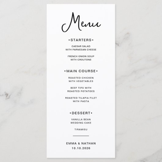 Zoet en grillig | Zwart-wit bruiloft Menu (Voorkant)