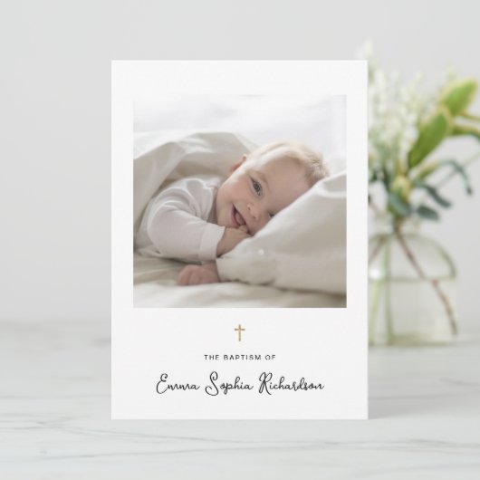 Zoet en Whimsical | Foto en Gouden Doopkruis Kaart (Staand voorkant)