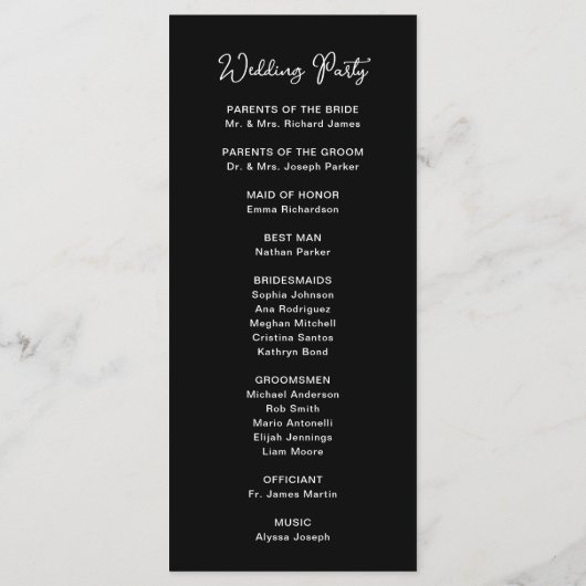 Zoet en Whimsical Zwart | Bruiloft Programmakaart (Achterkant)