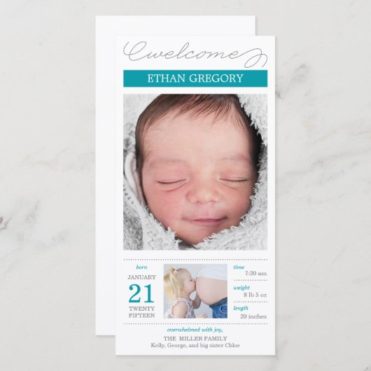 Zoet Gedocumenteerde Baby Jongen Geboorteaankondig Aankondiging (Voorkant / Achterkant)