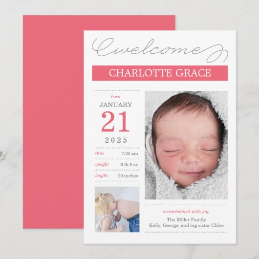 Zoet Gedocumenteerde Geboorteaankondigingen - Roze Aankondiging (Voorkant / Achterkant)