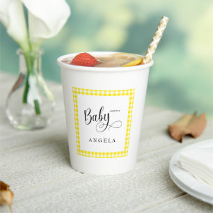 Zoet geel Gingham Baby shower Papieren Bekers