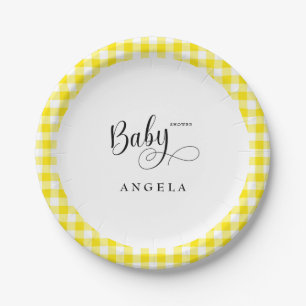 Zoet geel Gingham Baby shower Papieren Bordje