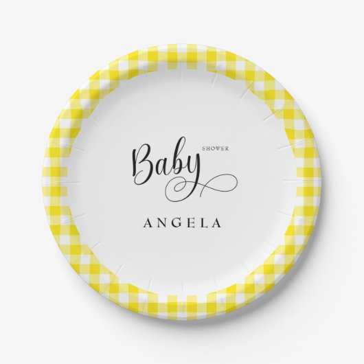 Zoet geel Gingham Baby shower Papieren Bordje (Voorkant)