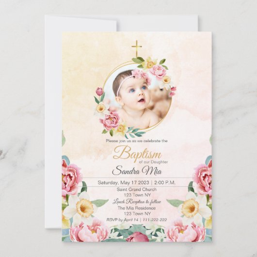 Zoet Geel Roze Bloem Tuin Doop Uitnodiging (Voorkant)
