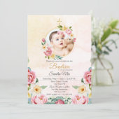 Zoet Geel Roze Bloem Tuin Doop Uitnodiging (Staand voorkant)