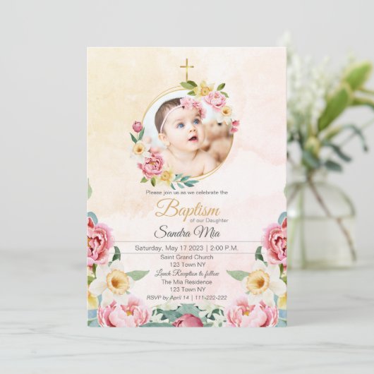 Zoet Geel Roze Bloem Tuin Doop Uitnodiging (Staand voorkant)