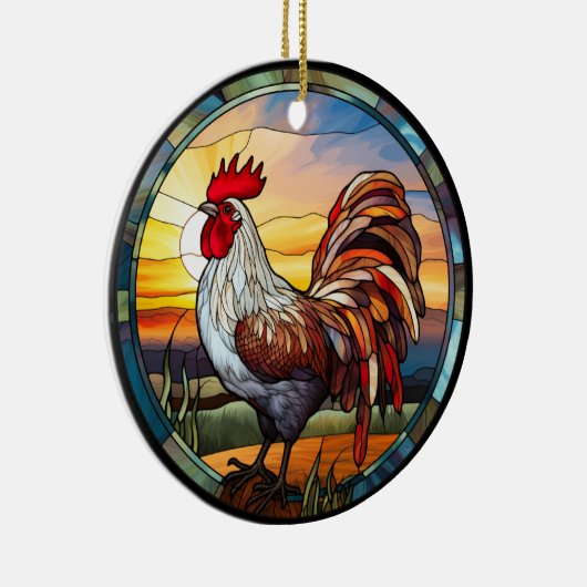 Zoet Glas in lood Kippen Rooster en Sunrise Keramisch Ornament (Rechts)