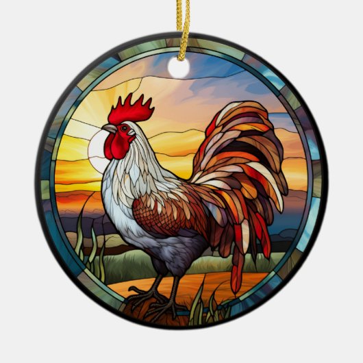 Zoet Glas in lood Kippen Rooster en Sunrise Keramisch Ornament (Voorkant)