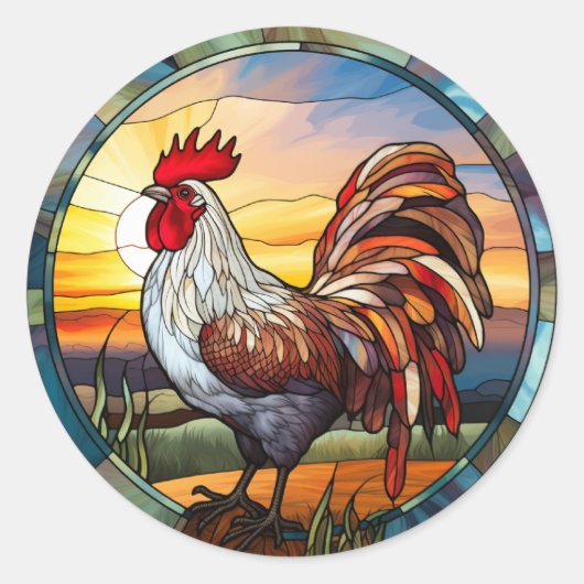 Zoet Glas in lood Kippen Rooster en Sunrise Ronde Sticker (Voorkant)